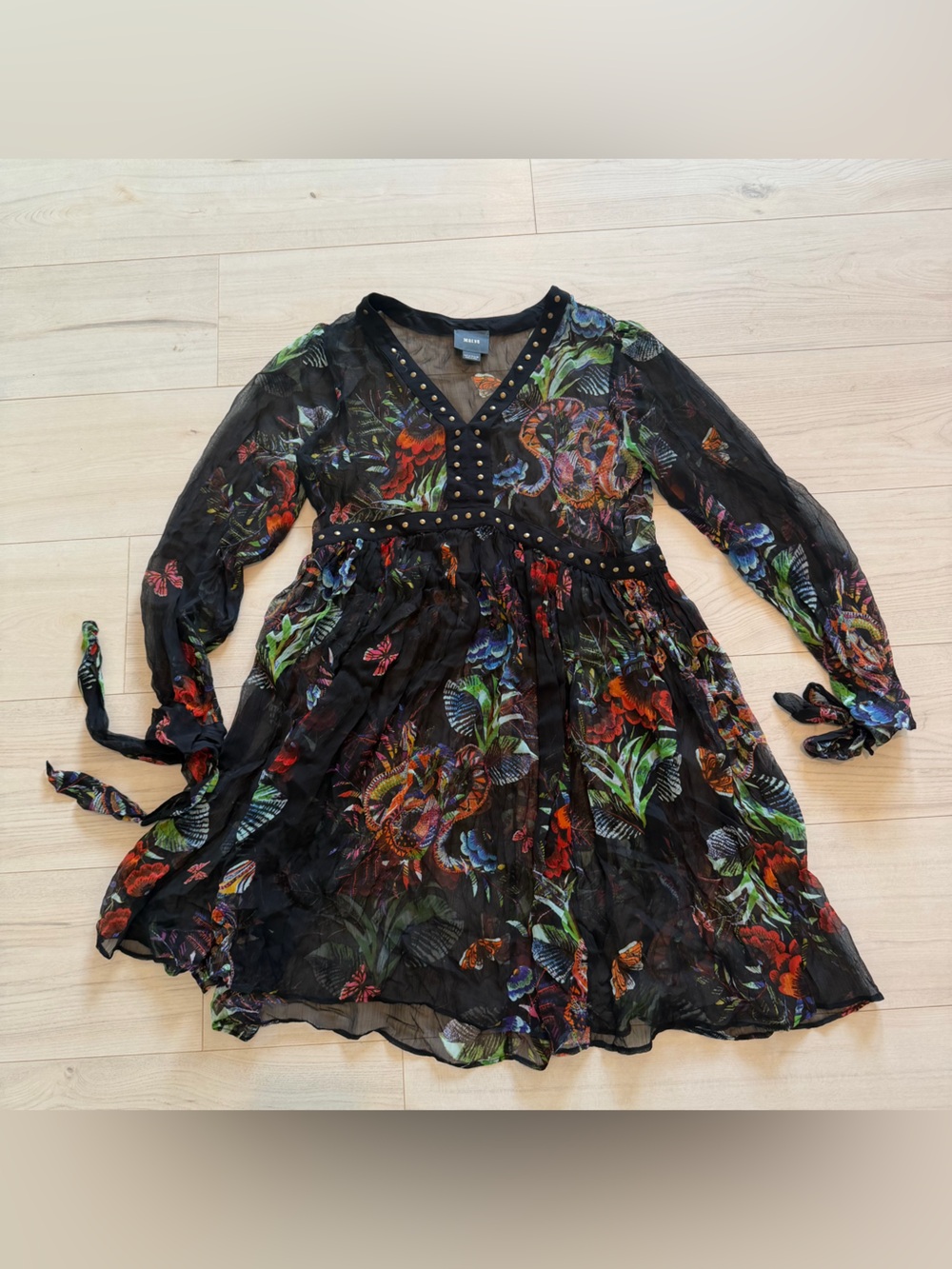 Maeve Anthropologie Black Long-Sleeve Floral V-Neck Sheer Dress with Stud Trim